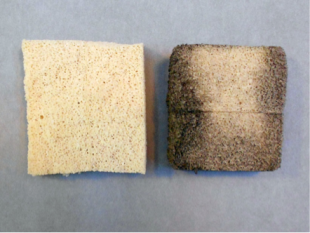 Comparison of a new and used chemical sponge after dry surface cleaning.