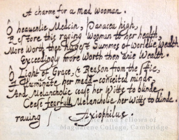 Poetry by Gabriel Harvey in his own hand: 'A charme for a mad wooman', rear flyleaf, Old Library L. 26(1)