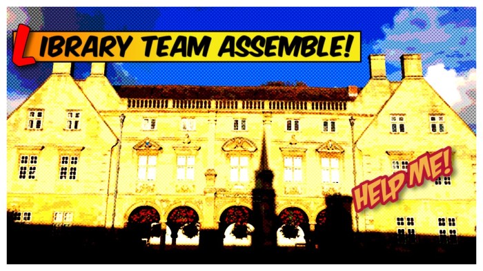 Library team assemble comic books style image of Pepys building