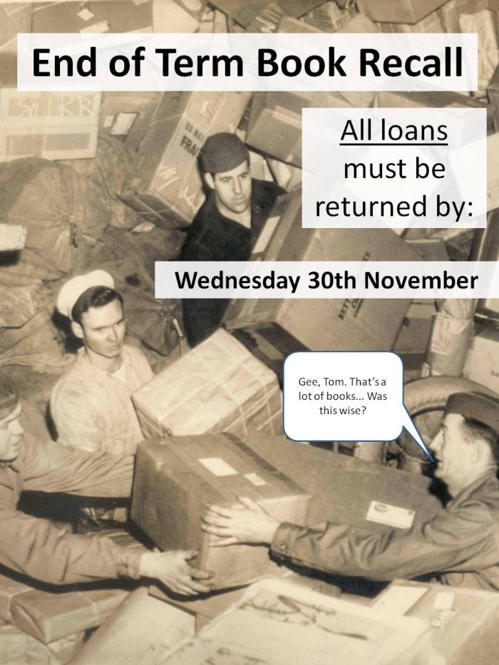 End of term book recall, all loans must be returned by Wednesday 30th November