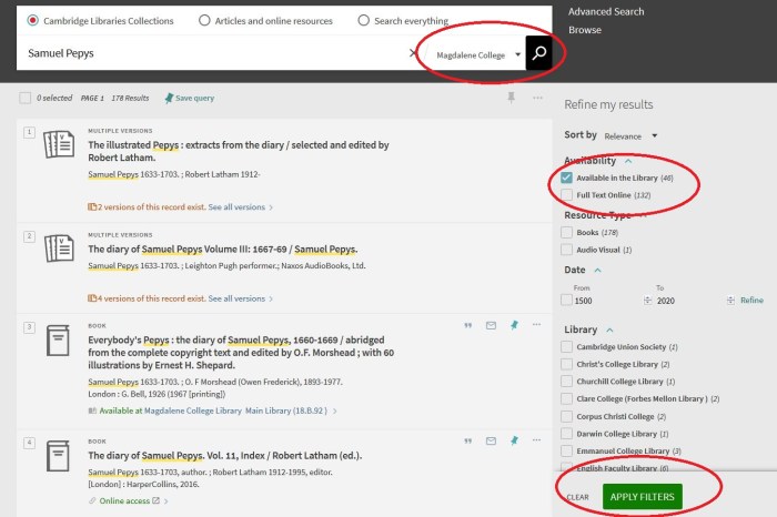 screen grab showing how to filter by College and non-ebook