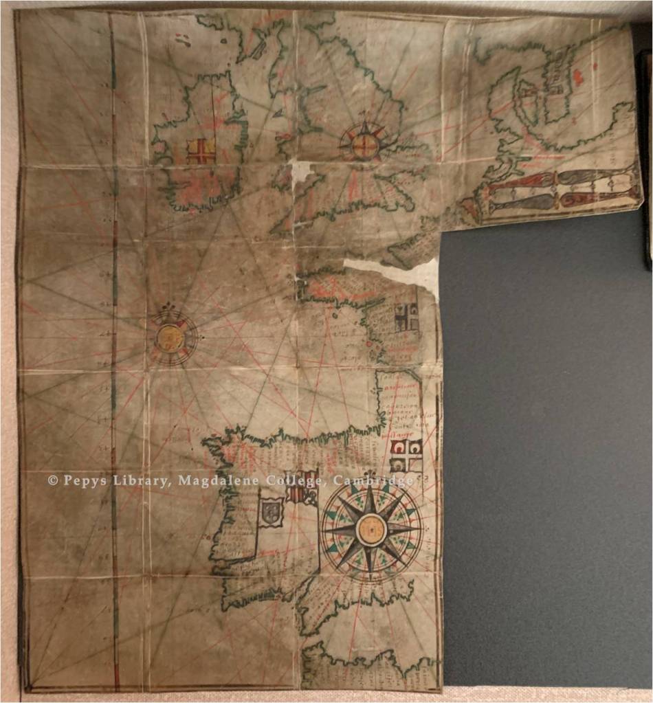 Photograph of the hand-drawn map depicting the coastline of France, Brittany, Flanders, England, and Ireland. It was entitled a Tidal Almanac and was drawn by Guillaume Brouscon