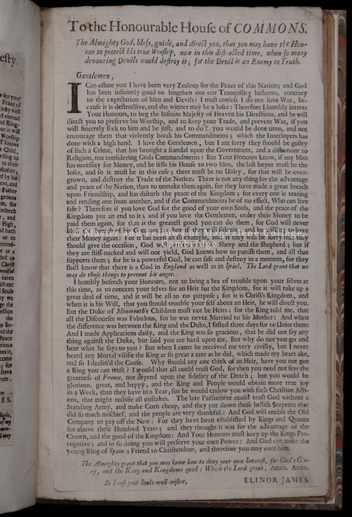 Petition by Elinor James addressed to the honourable house of commons, from a pamphlet published in 1688