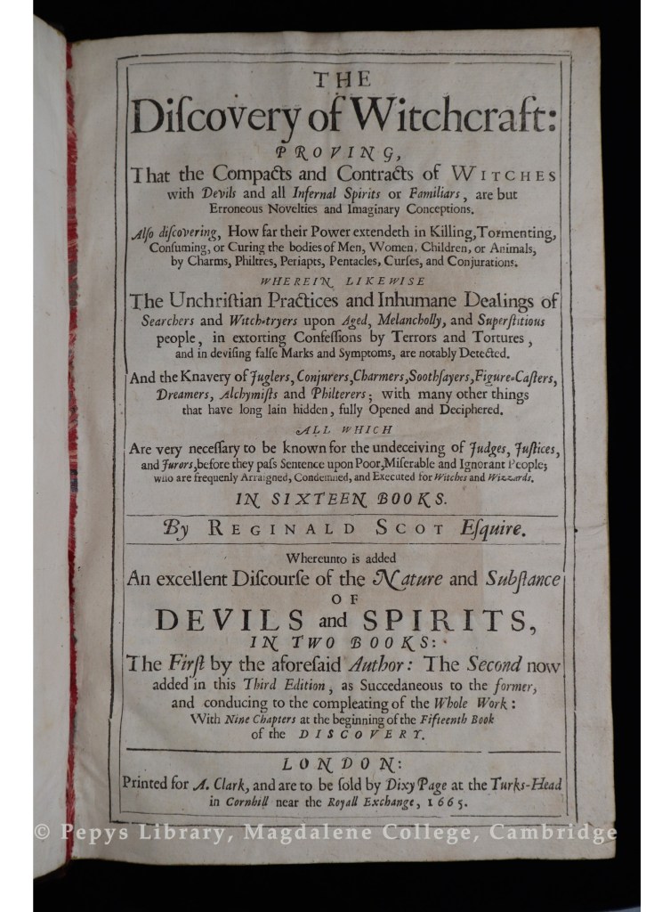 Title page of the book The discovery of witches by Reginald Scot. Pepys's copy was published in 1665.