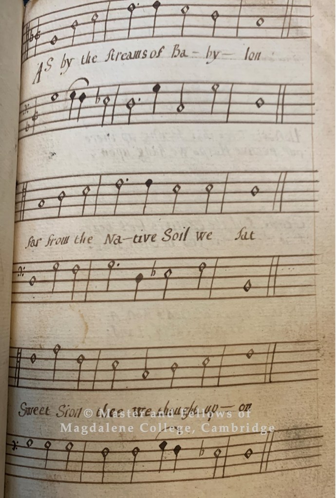 Handwritten musical notation in The whole booke of Psalms 