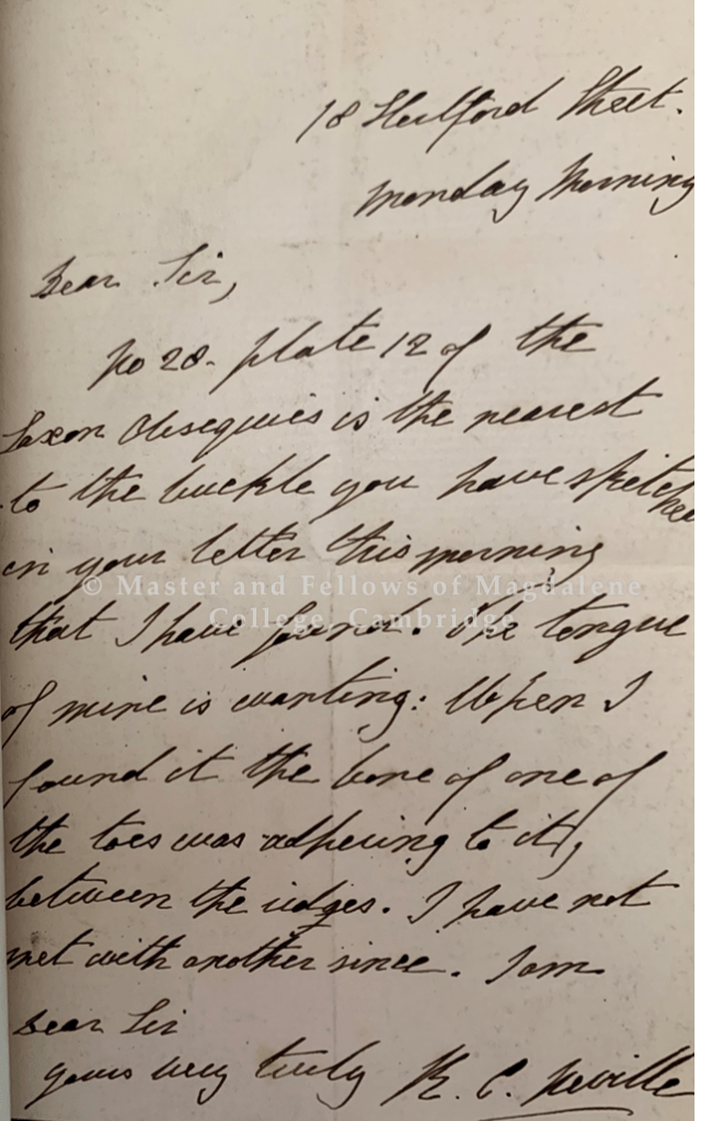 A letter by R.C. Neville (Braybrooke) inserted into the book Saxon obsequies, referring to plate 12