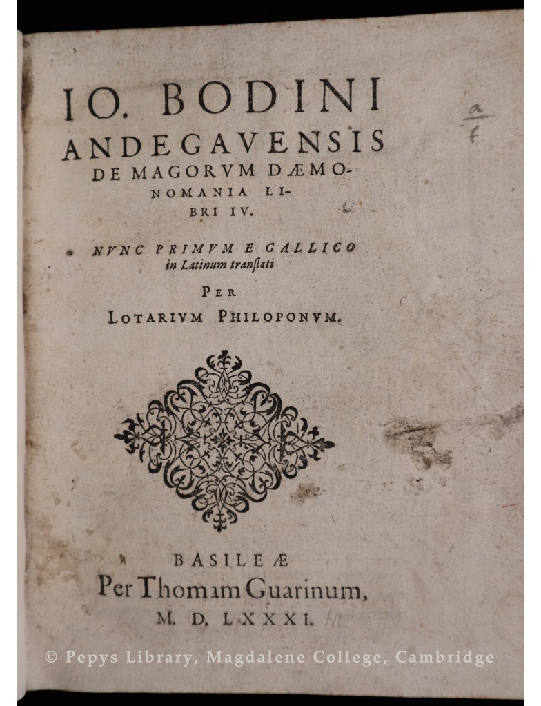 Title page of the book De magorum daemonomania libri IV. It is the latin translation of Jean Bodin's book De la démonomanie des sorciers and was printed in 1581.