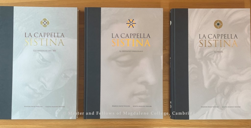 The front covers of the three volumes of La Cappella Sistina
