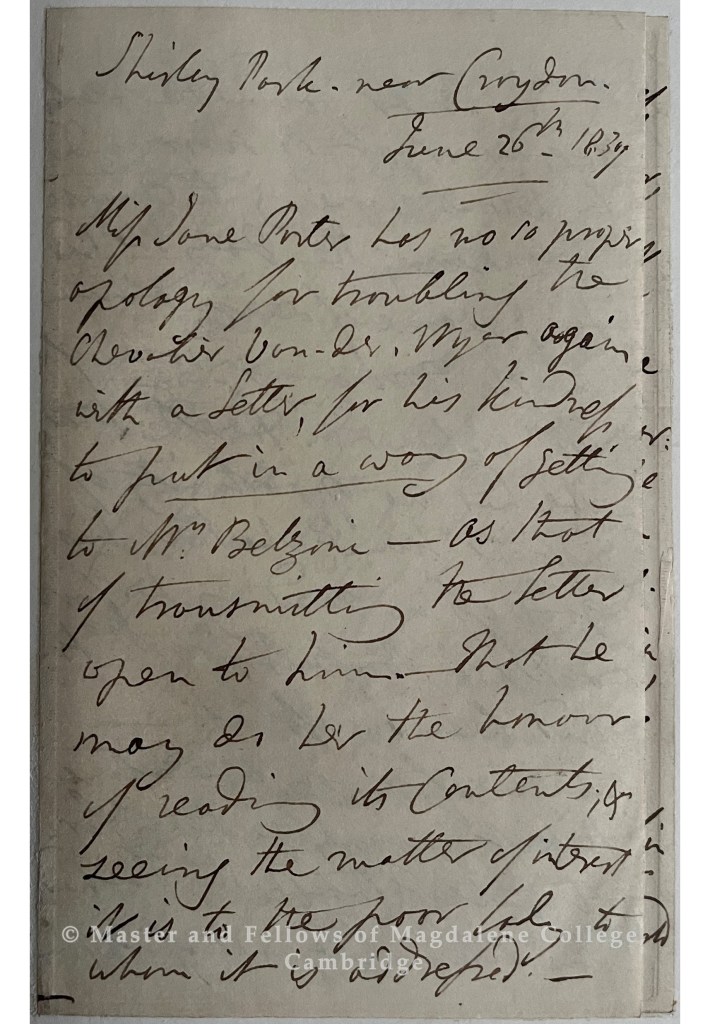 A letter from Jane Porter to Jean-Sylvain Van de Weyer possibly dating from 1837