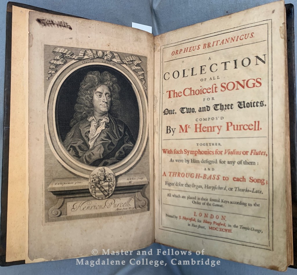 Title page of Purcell, Orpheus Britannicus and engraved portrait of Henry Purcell from 1697