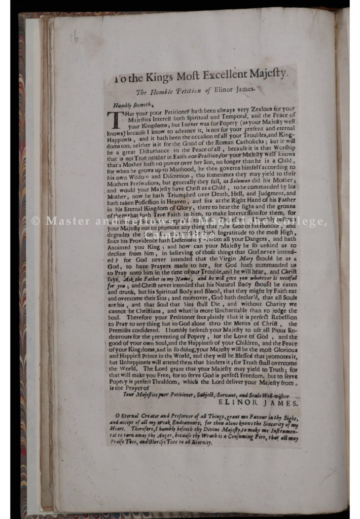 Petition refuting Catholicism by Elinor James, published in a pamphlet from 1685 addressed to the kings most excellent majesty