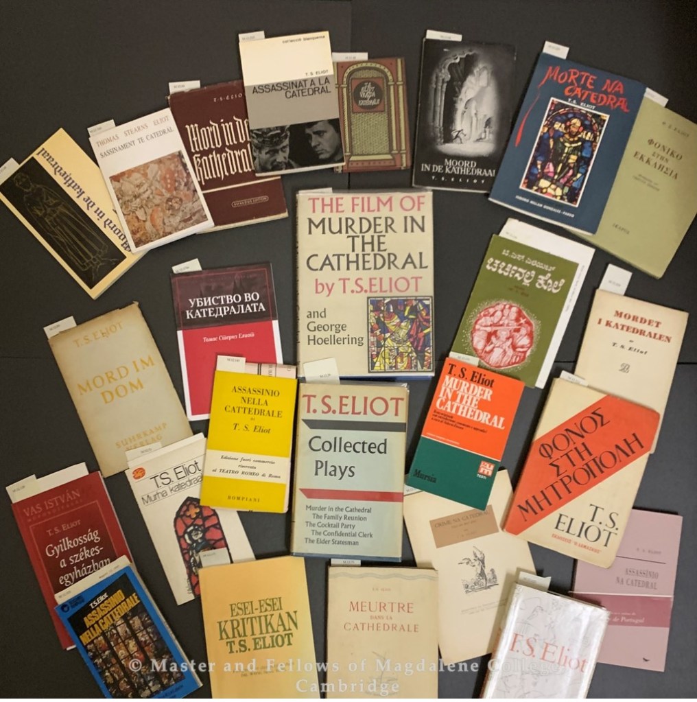Compilation of various front covers of TS Eliot's book, Murder in the Cathedral