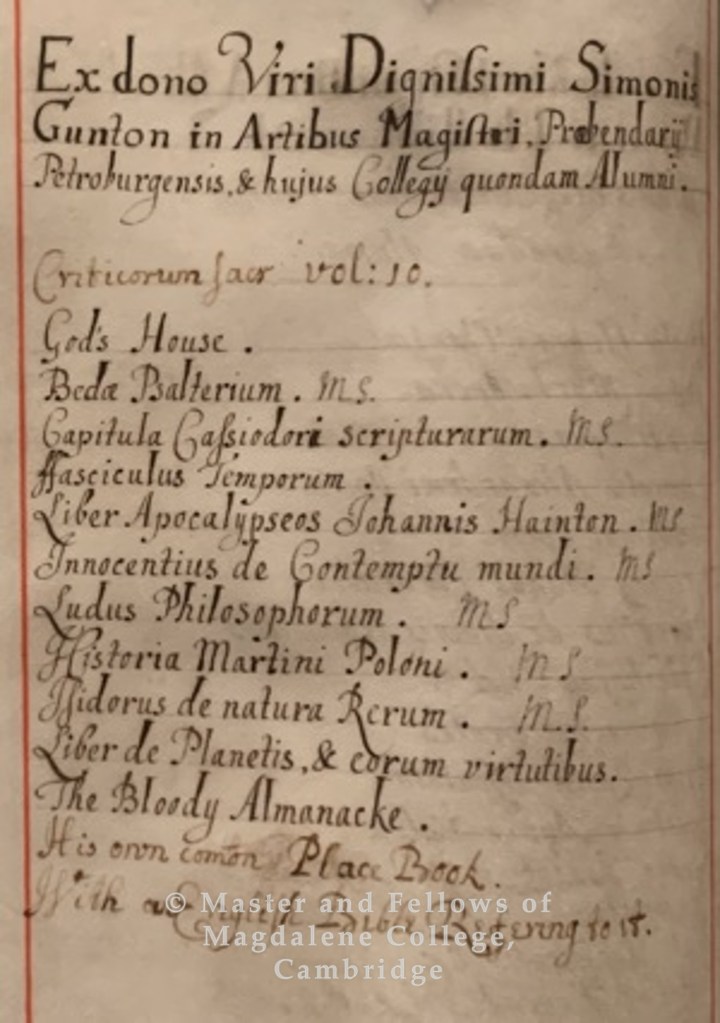College library Donor's Register, featuring a handwritten list of books donated to the College by Simon Gunton during the 1650s and 1660s