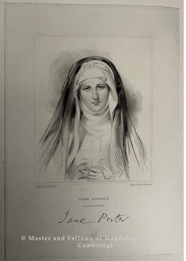 An engraving of Jane Porter wearing a veil, similar to a nun's