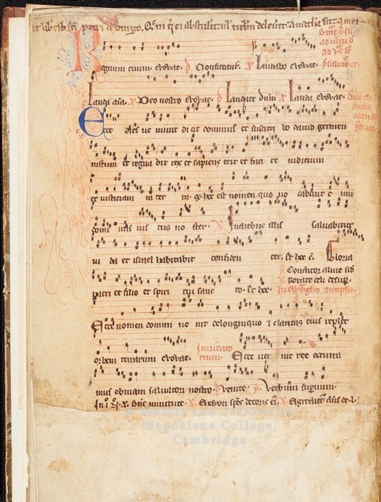 Page of musical notation from the Peterborough Antiphoner. The book curse is written at the top of the page