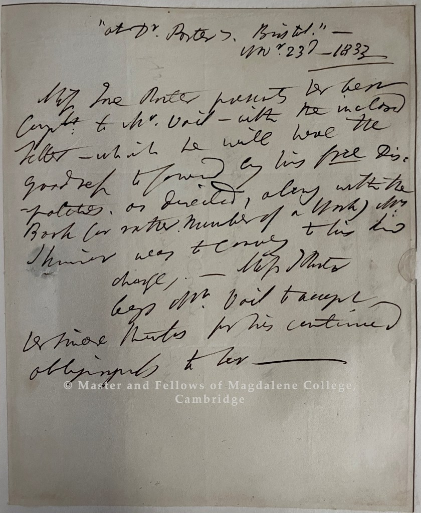 A letter from Jane Porter to Aaron Vail dating from 1833