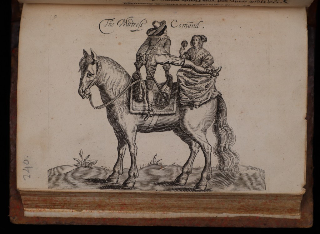 The engraving depicts a woman sitting on a horses hind end and a man with his hand on the pommel, swinging his leg over the woman.