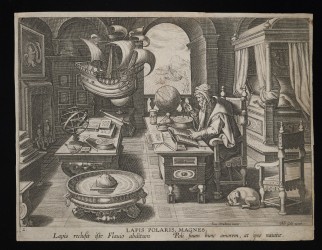 This engraving shows the inventor of the compass, Flavio Amalfitano, seated at his desk using a compass, surrounded by tools, books and instruments, including an hourglass, an astrolabe globe and model ship hanging from the ceiling.