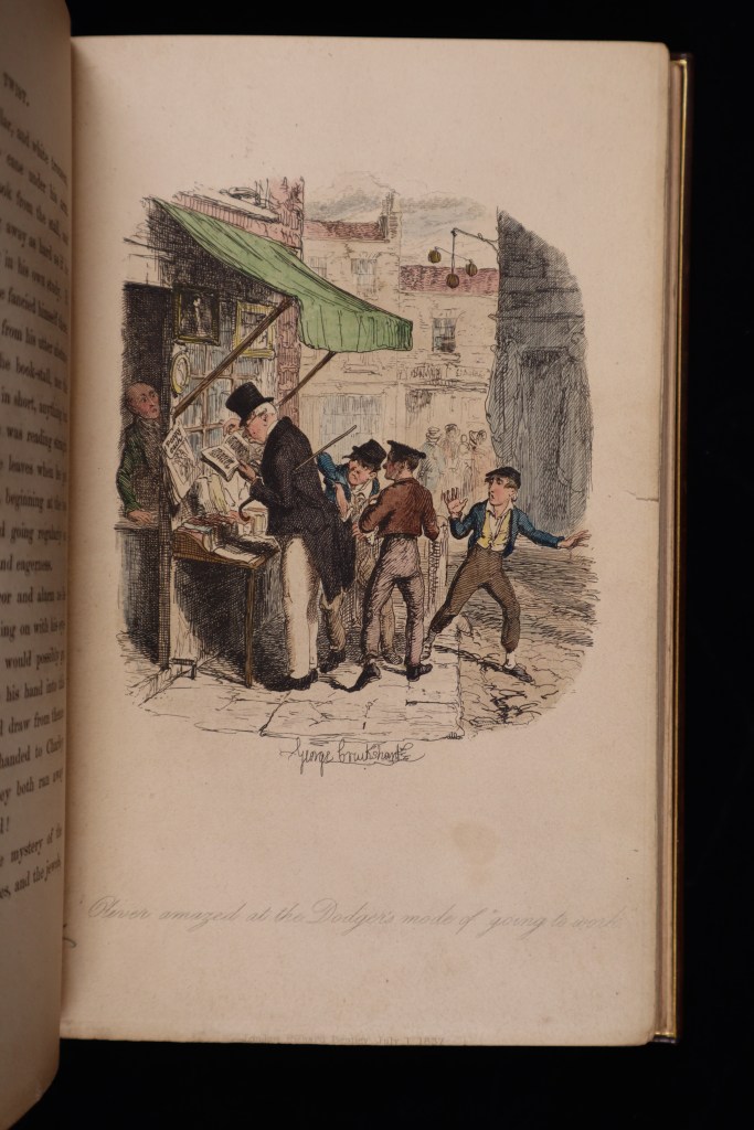 a colour tinted engraving showing the artful dodger from oliver twist pickpocketing a rich gentleman with oliver twist looking dismayed.