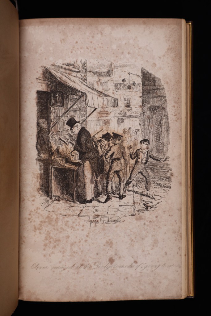 a black and white engraving showing the artful dodger from oliver twist pickpocketing a rich gentleman with oliver twist looking dismayed.