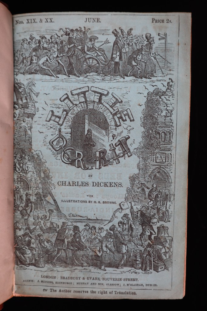 Image of the serial title page of Charles Dickens's 'Little Dorrit' from 1857 on blue paper.