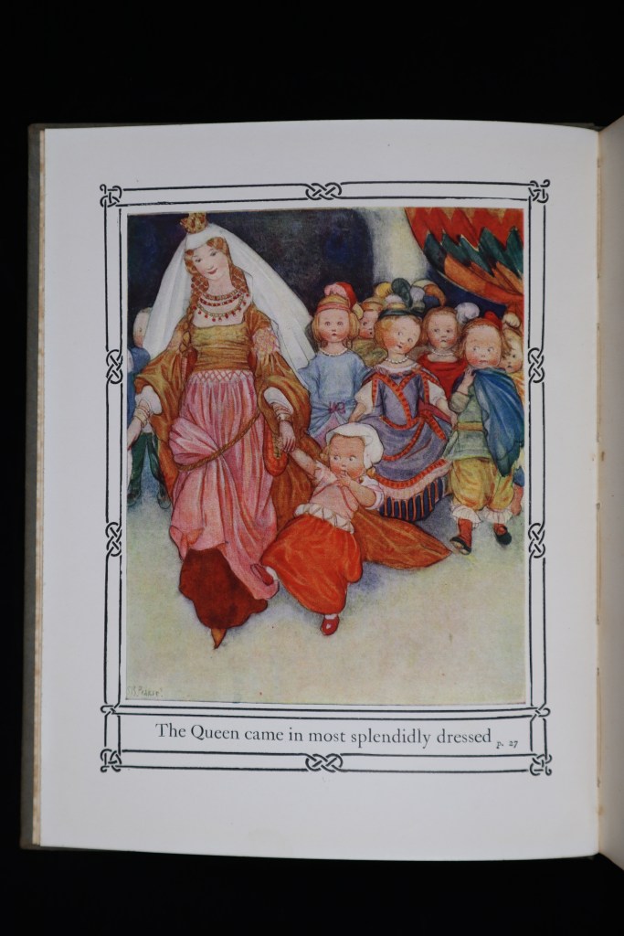 An illustration of a Queen with a vail in a gold and pink dress holding the hand of a child with a red skirt, with a crowd of children behind her. 